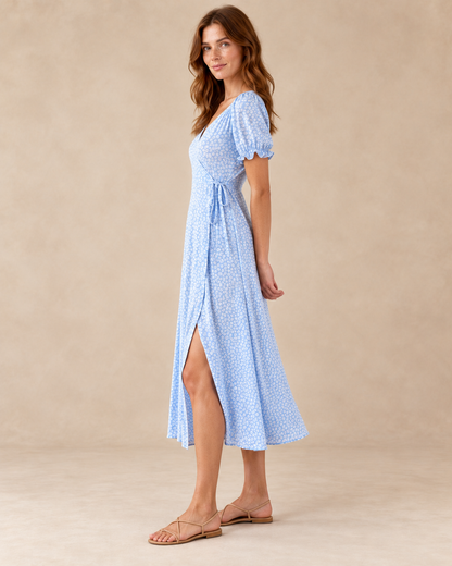Women's Floral V-Neck High-Waist Dress — Light Blue — side view