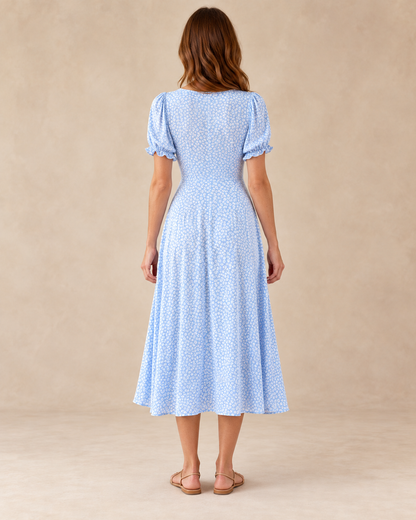 Women's Floral V-Neck High-Waist Dress — Light Blue — full back view