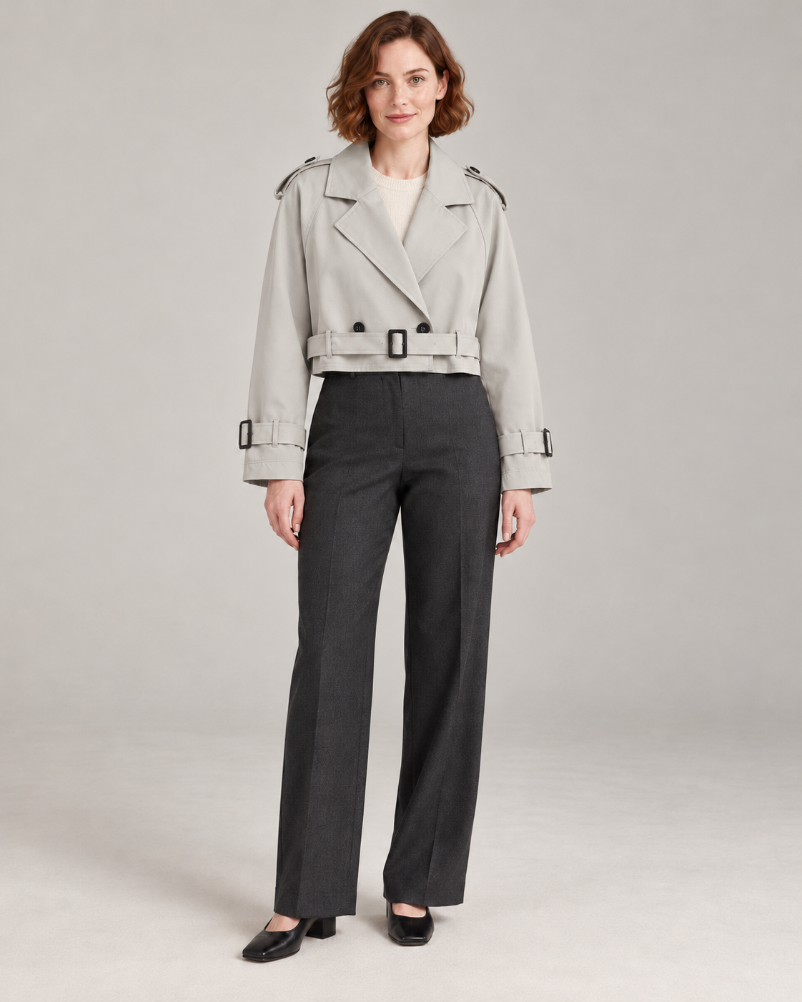 Gray trench-style jacket, full-length front view