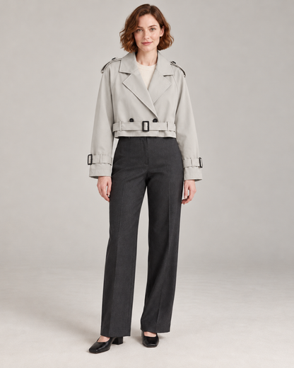 Gray trench-style jacket, full-length front view