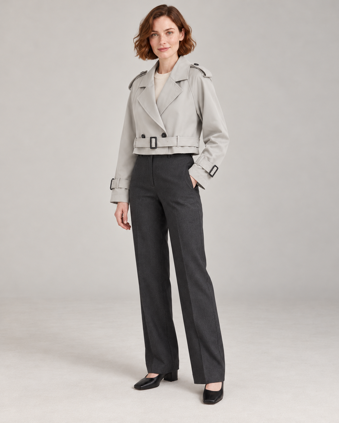 Gray trench-style jacket, full-length three-quarter view