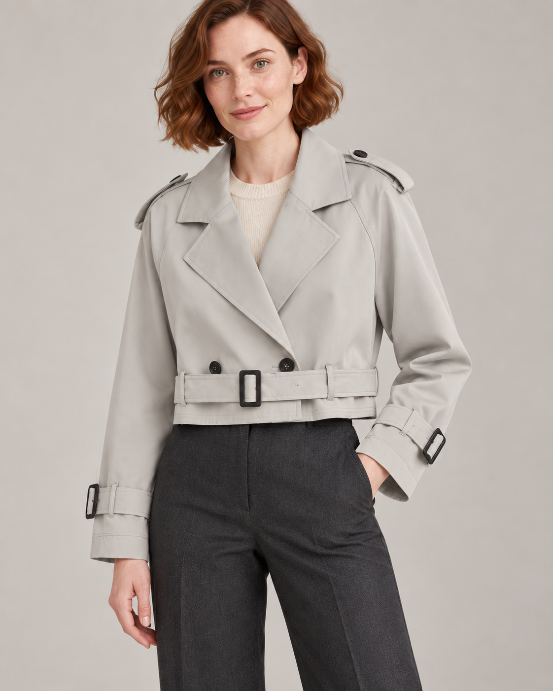 Gray trench-style jacket, garment details close-up