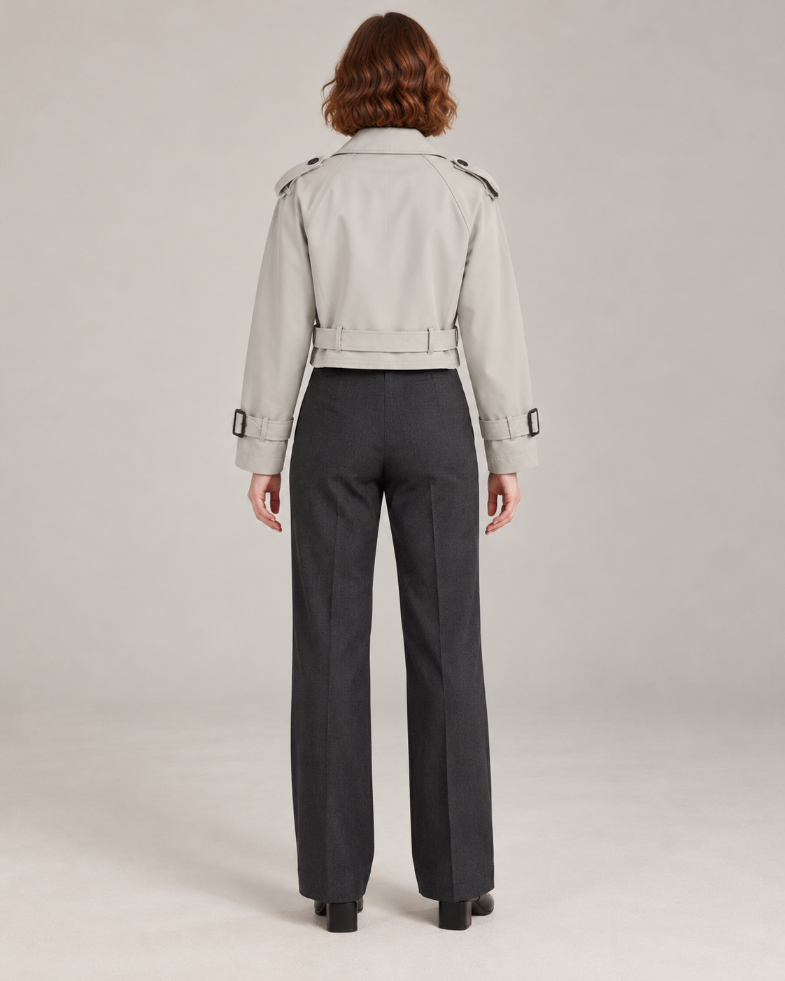 Gray trench-style jacket, full-length direct rear view
