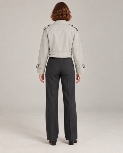Gray trench-style jacket, full-length direct rear view