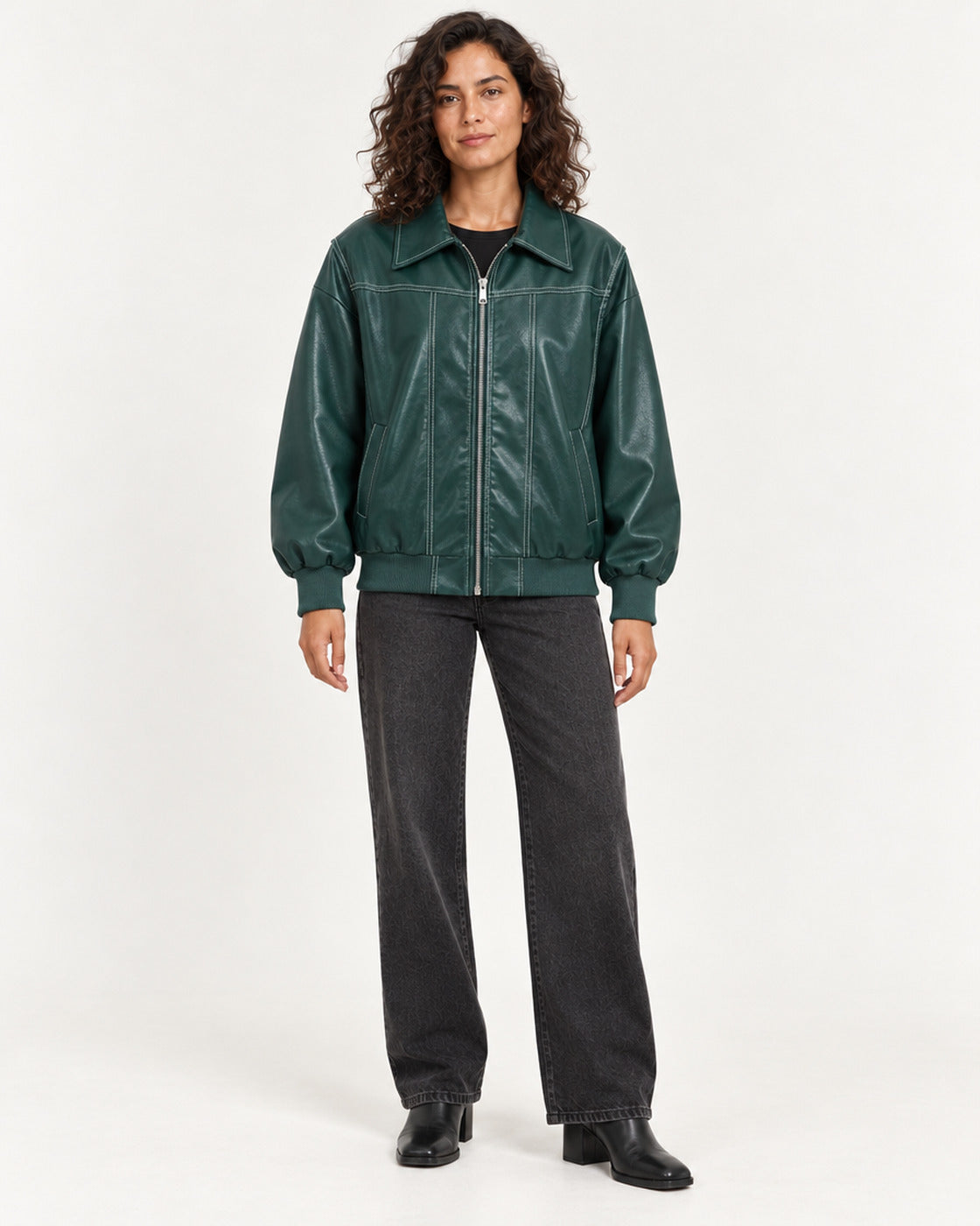 Green Women's Textured Moto Jacket — full-length front view