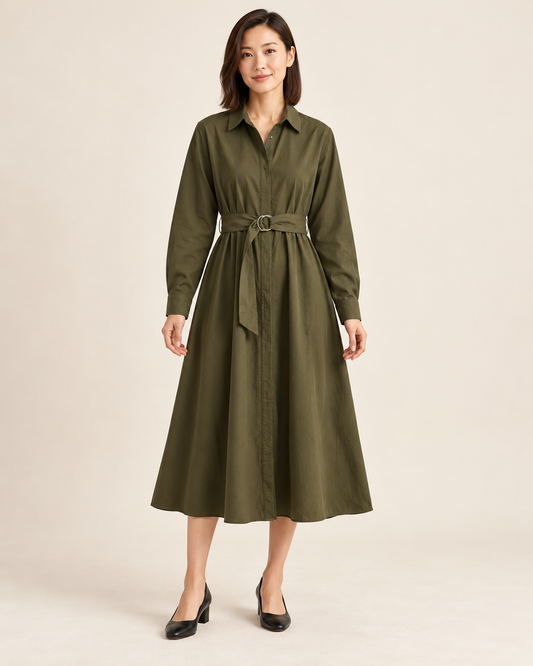 Women's Long Sleeve Belted Shirt Dress — Green — front view