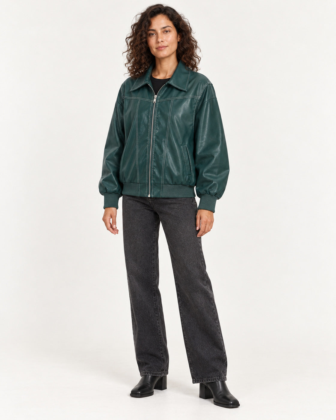 Green Women's Textured Moto Jacket — full-length three-quarter view