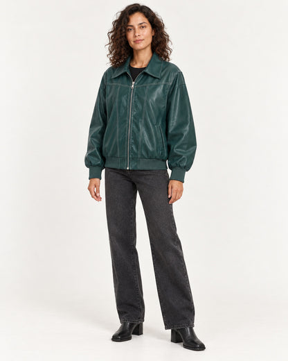 Green Women's Textured Moto Jacket — full-length three-quarter view