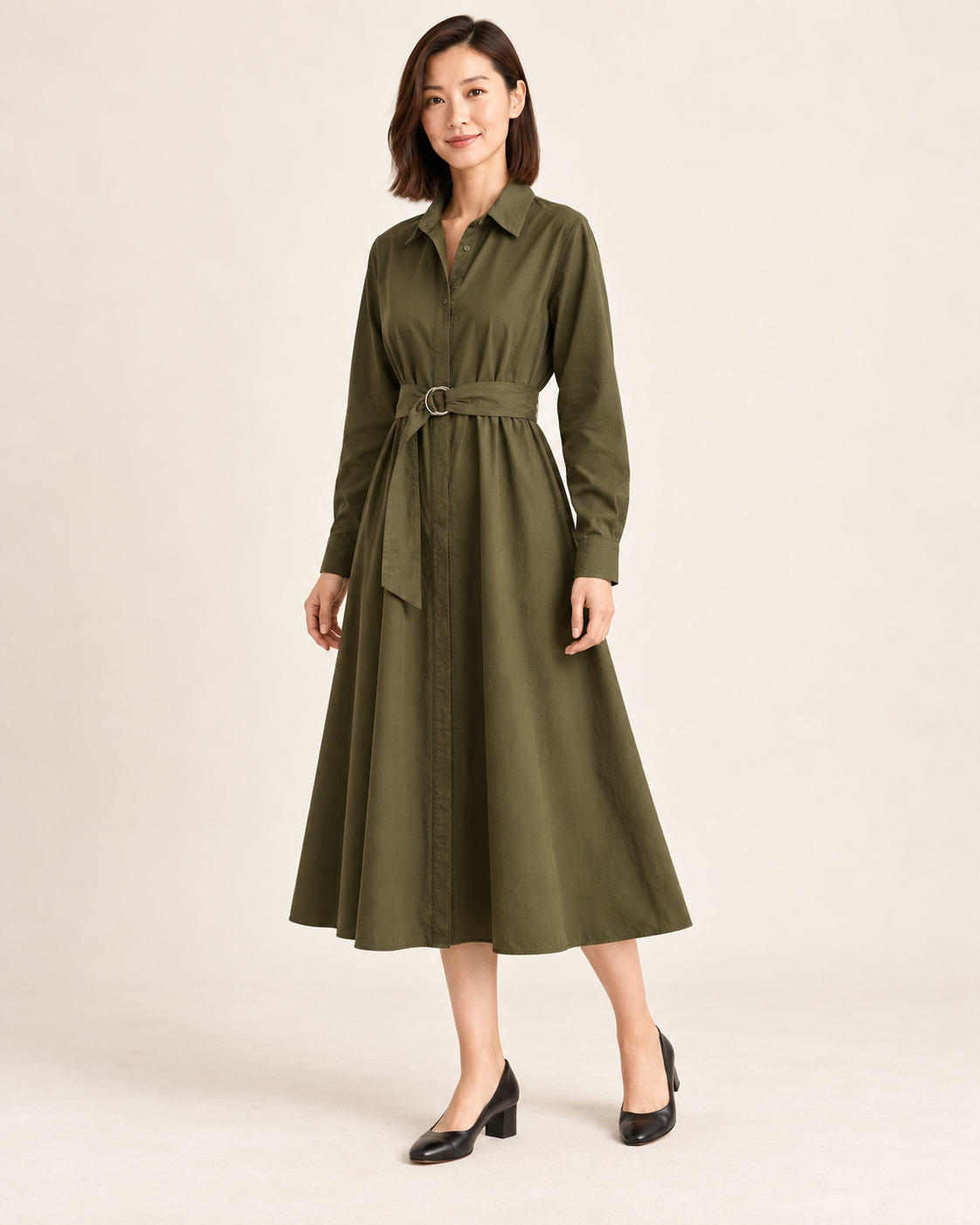 Women's Long Sleeve Belted Shirt Dress — Green — three quarter view