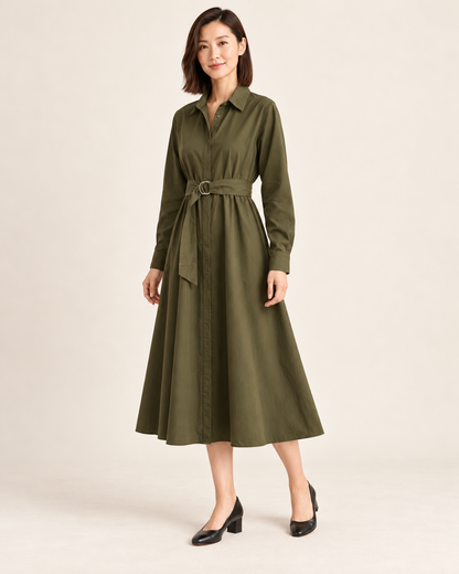 Women's Long Sleeve Belted Shirt Dress — Green — three quarter view
