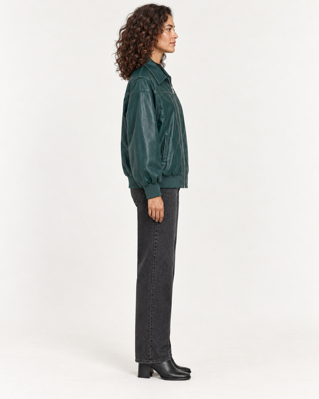 Green Women's Textured Moto Jacket — full-length side view