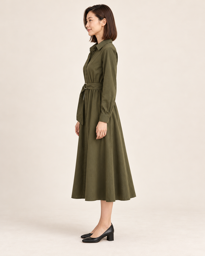 Women's Long Sleeve Belted Shirt Dress — Green — side view