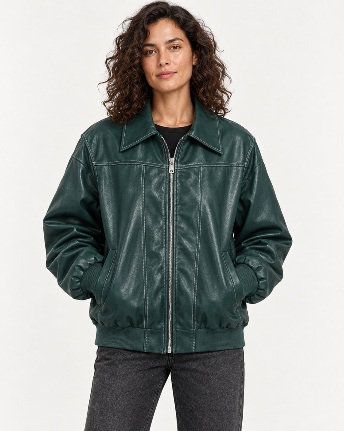 Green Women's Textured Moto Jacket — garment detail close-up