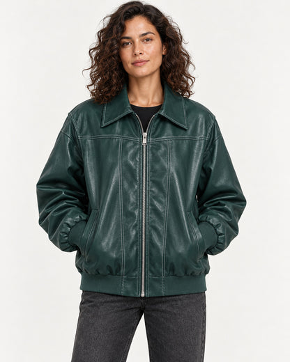 Green Women's Textured Moto Jacket — garment detail close-up
