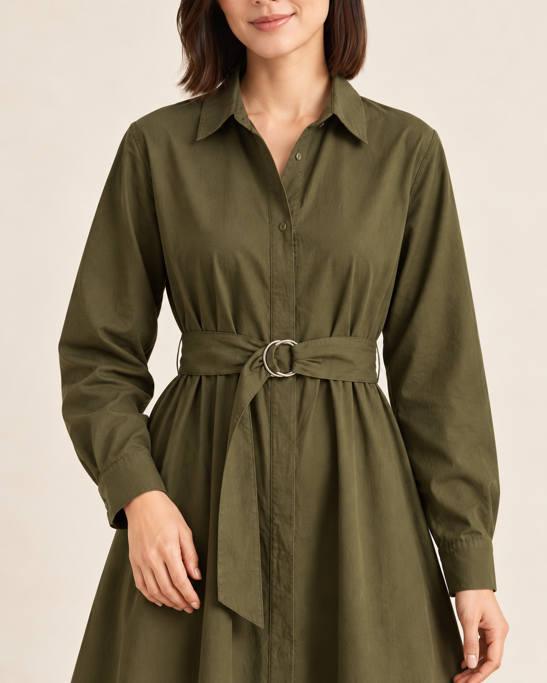 Women's Long Sleeve Belted Shirt Dress — Green — detail view
