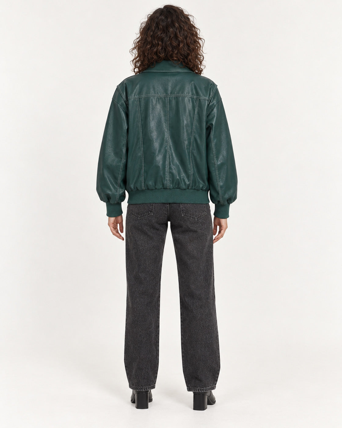 Green Women's Textured Moto Jacket — full-length back view