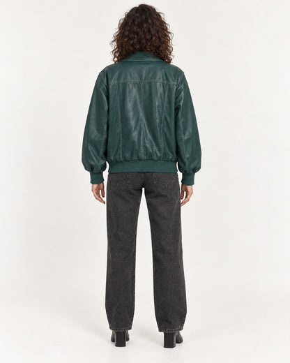 Green Women's Textured Moto Jacket — full-length back view