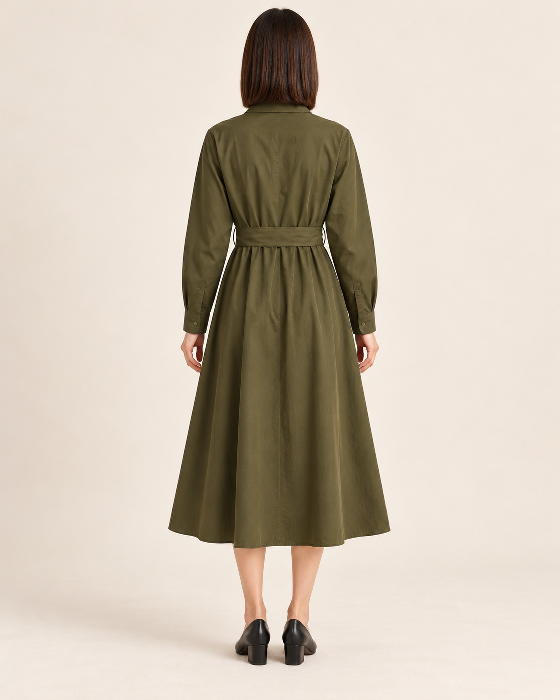 Women's Long Sleeve Belted Shirt Dress — Green — back view
