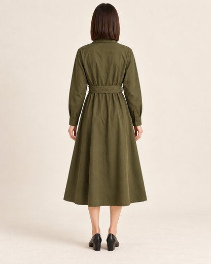 Women's Long Sleeve Belted Shirt Dress — Green — back view