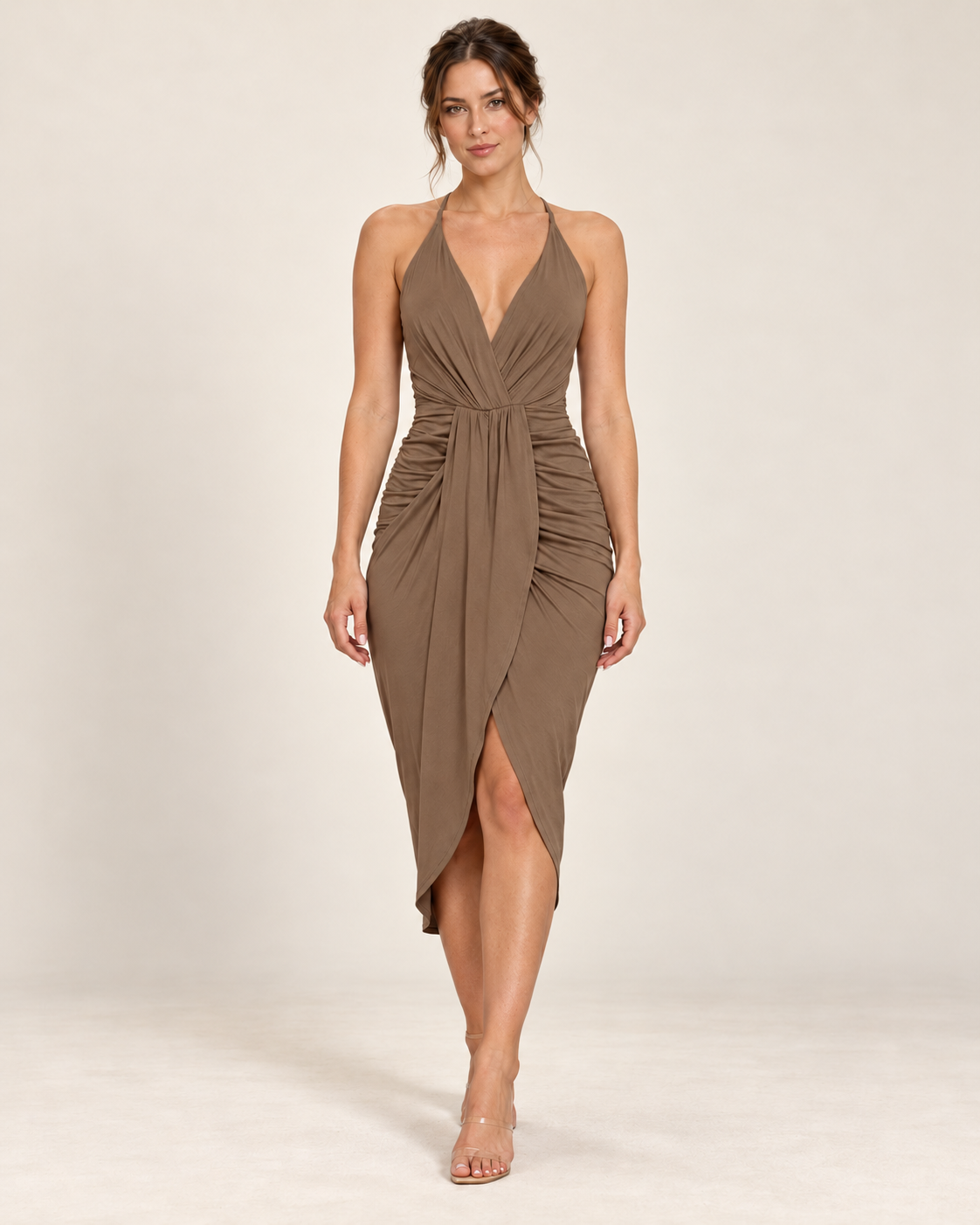 Women's Halter Dress with Asymmetric Hem - Brown - front view