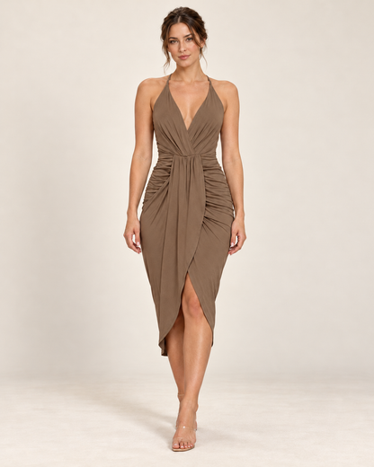 Women's Halter Dress with Asymmetric Hem - Brown - front view