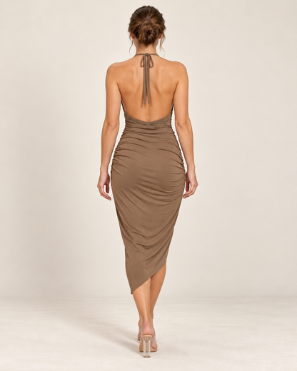 Women's Halter Dress with Asymmetric Hem - Brown - back view