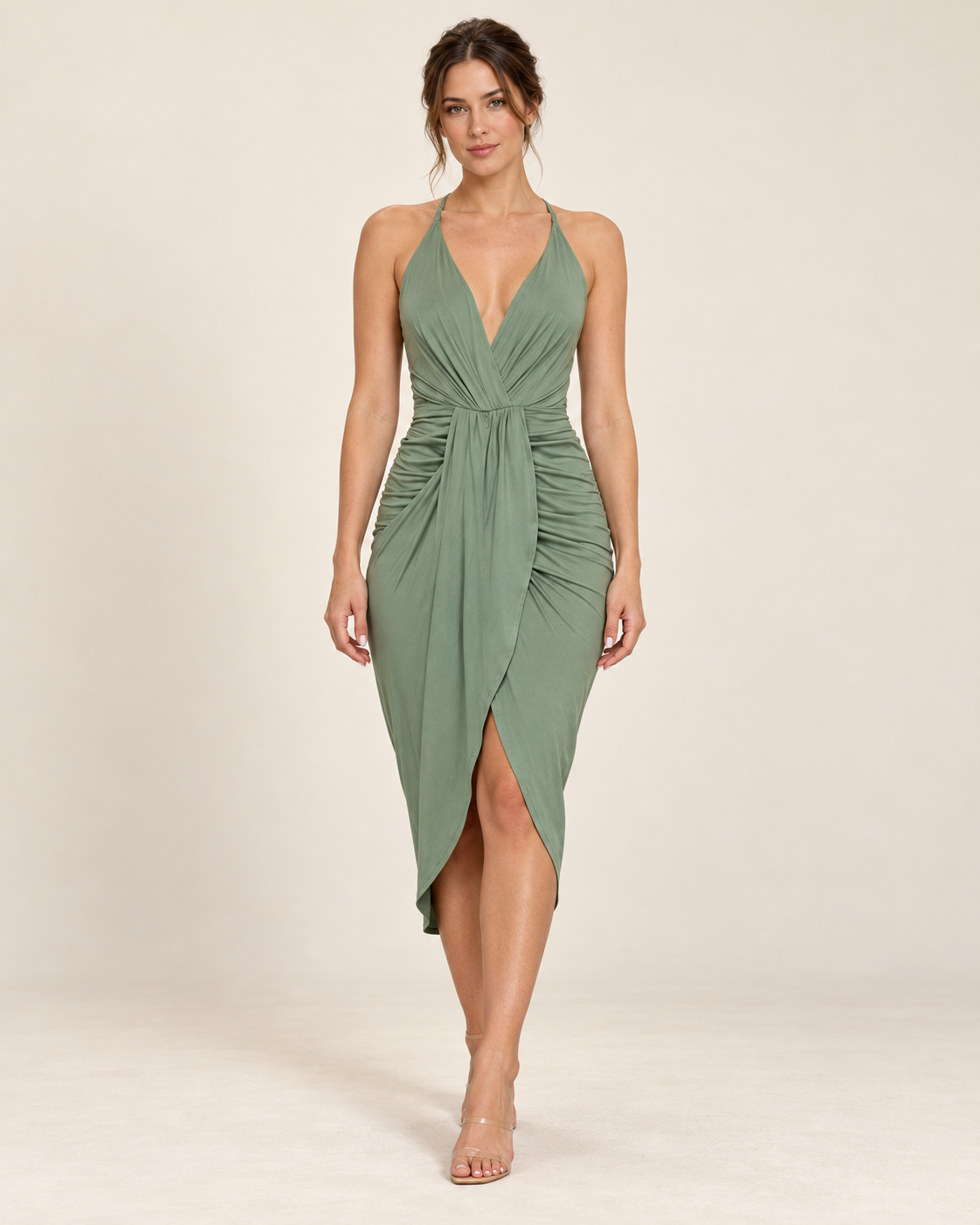 Women's Halter Dress with Asymmetric Hem - Green - front view