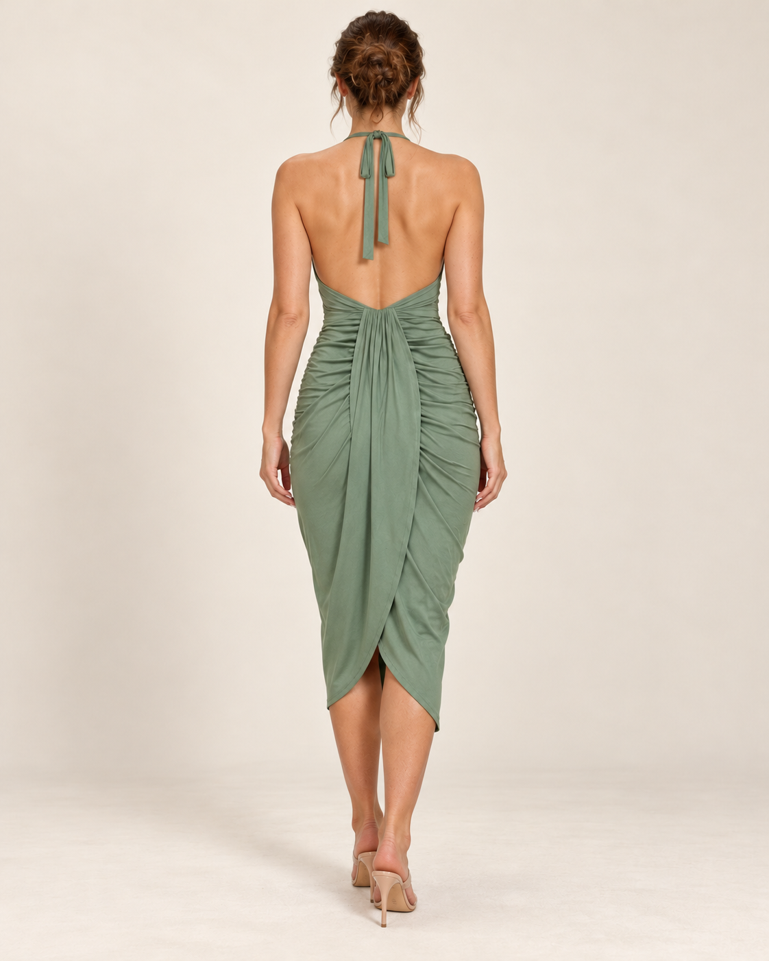 Women's Halter Dress with Asymmetric Hem - Green - back view