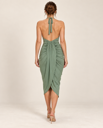 Women's Halter Dress with Asymmetric Hem - Green - back view