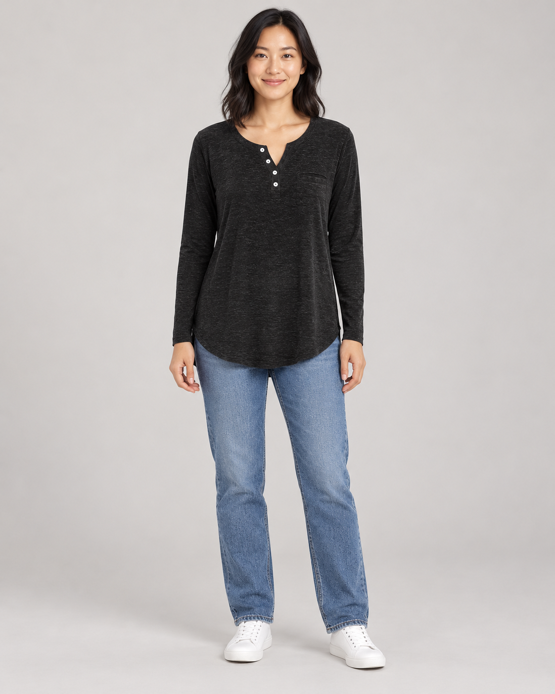 Women's Long Sleeve Henley Top in Black — full-length front view