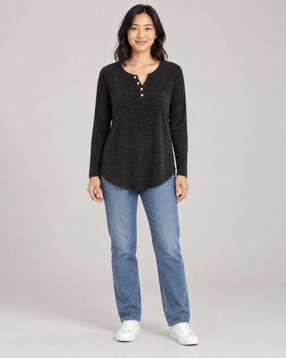 Women's Long Sleeve Henley Top in Black — full-length front view