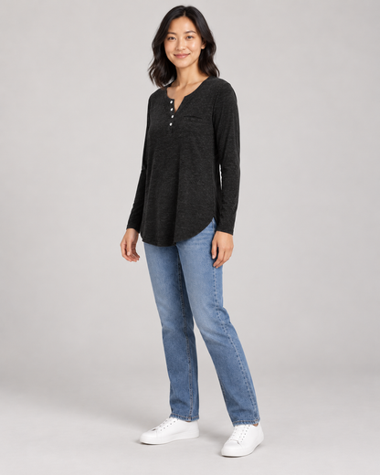 Women's Long Sleeve Henley Top in Black — full-length three-quarter view