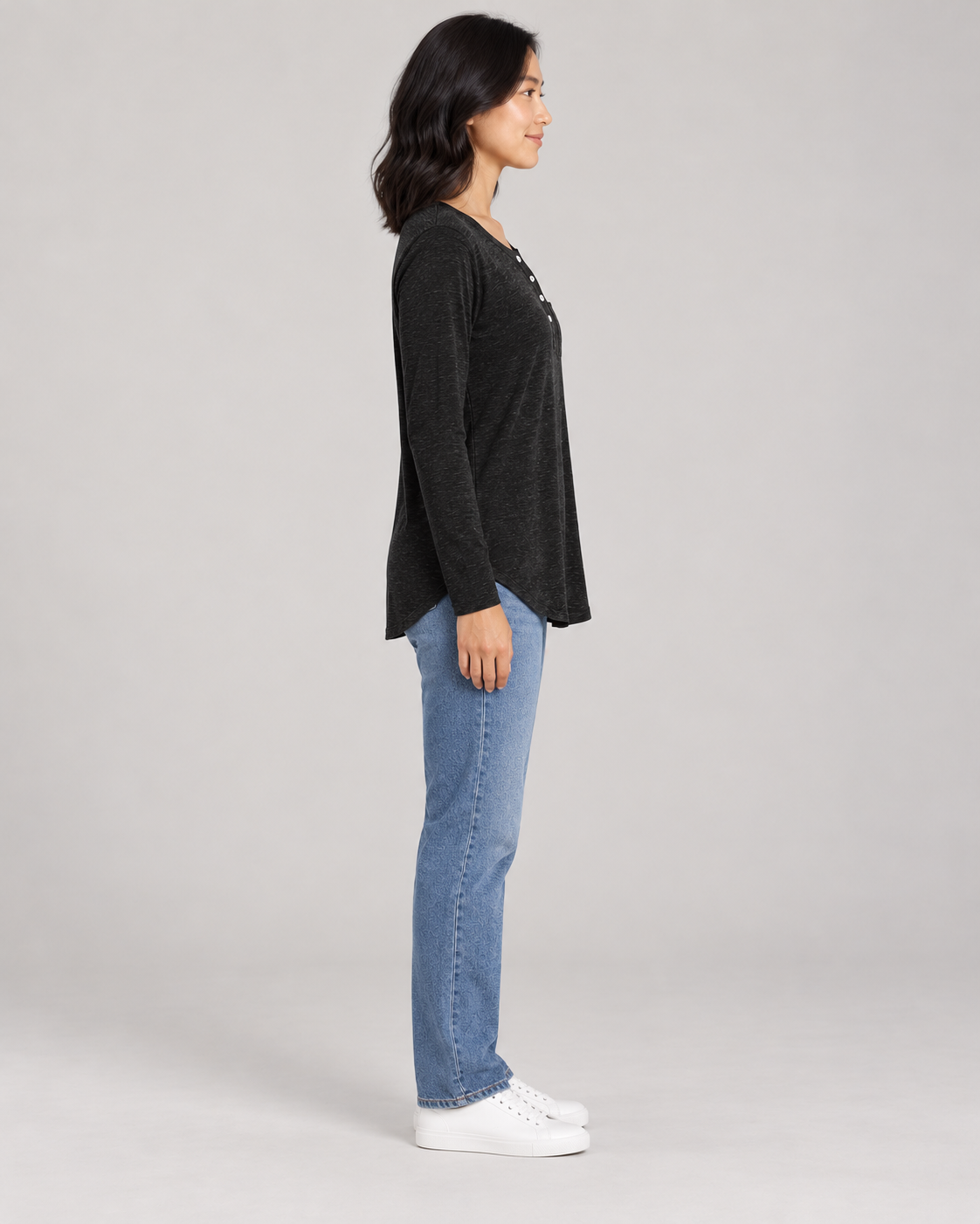 Women's Long Sleeve Henley Top in Black — full-length side view