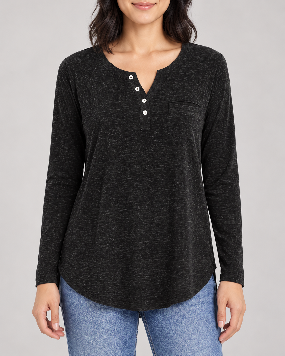 Women's Long Sleeve Henley Top in Black — garment detail close-up