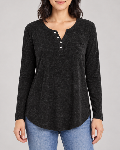 Women's Long Sleeve Henley Top in Black — garment detail close-up