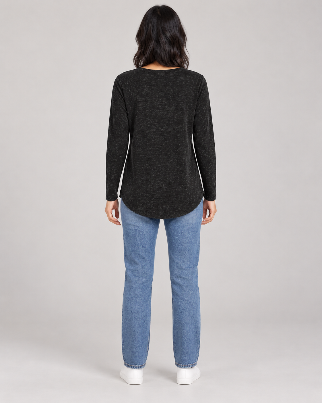 Women's Long Sleeve Henley Top in Black — full-length direct back view