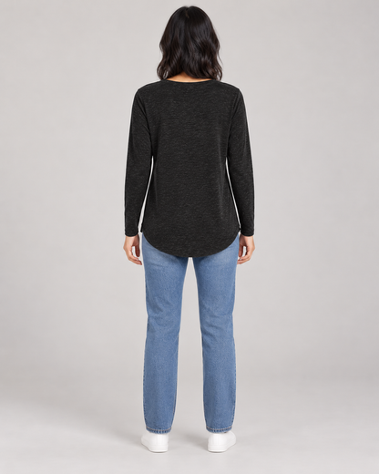 Women's Long Sleeve Henley Top in Black — full-length direct back view