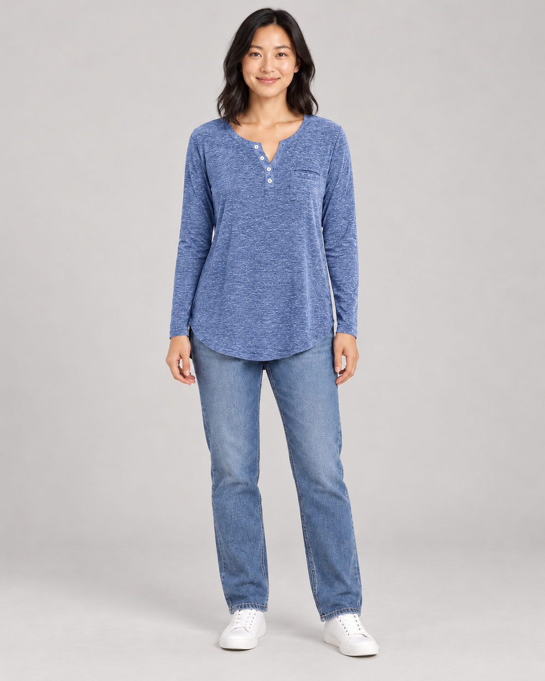 Women's Long Sleeve Henley Top in Blue — full-length front view