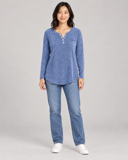Women's Long Sleeve Henley Top in Blue — full-length front view