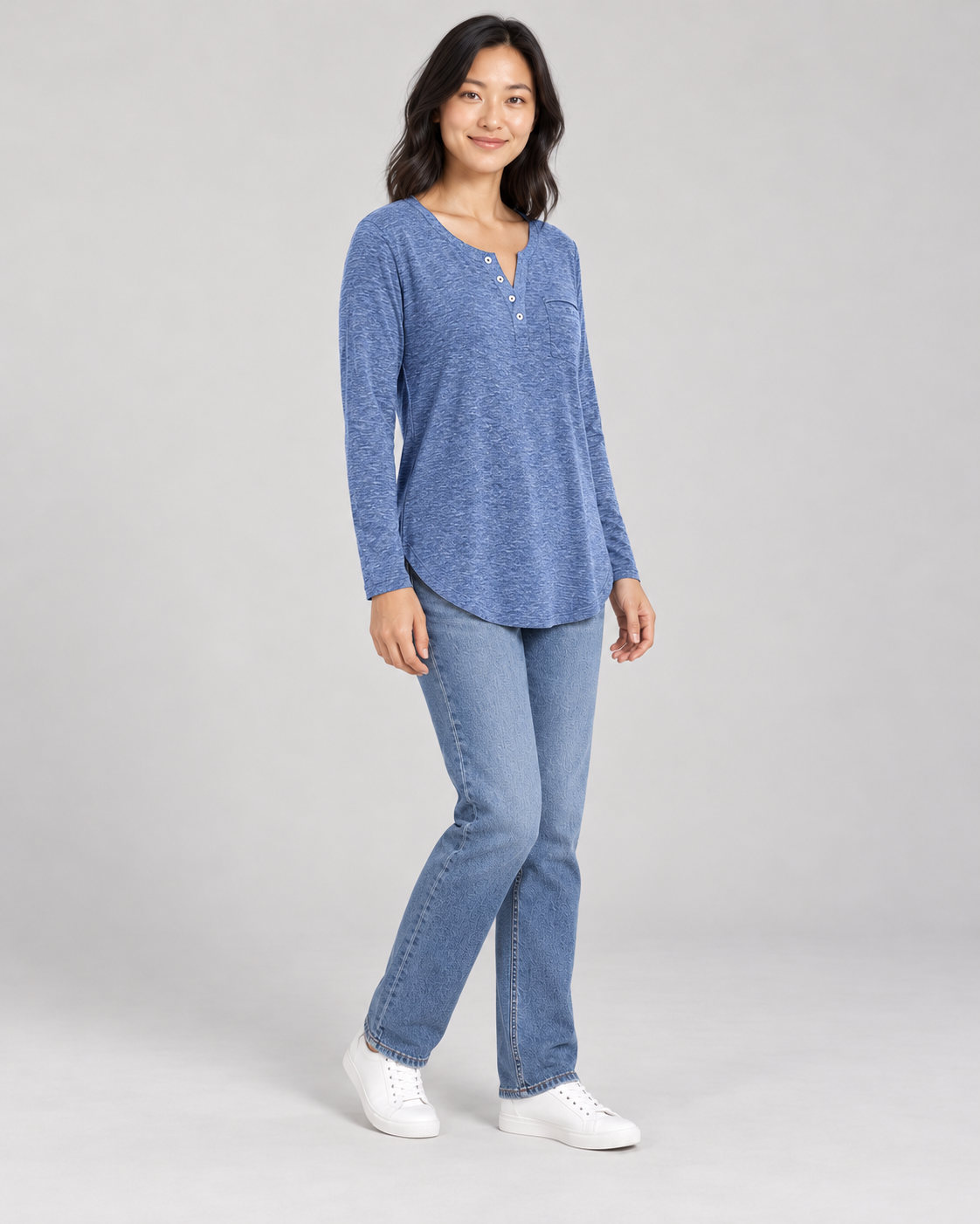 Women's Long Sleeve Henley Top in Blue — full-length three-quarter view