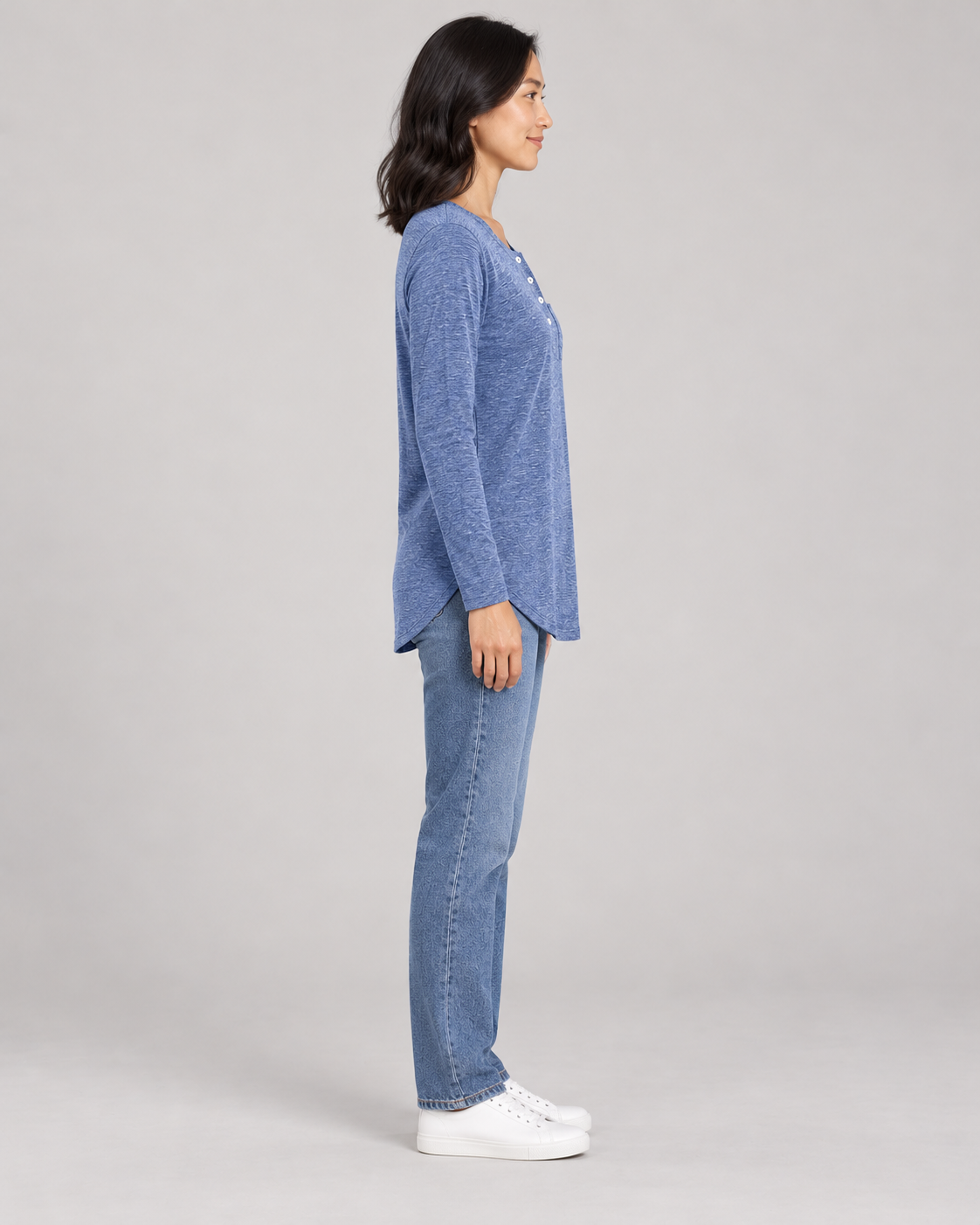 Women's Long Sleeve Henley Top in Blue — full-length side view