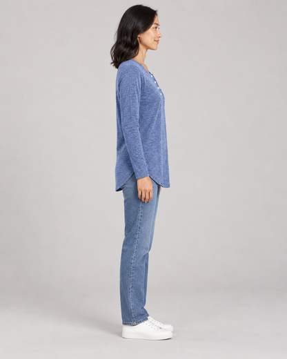 Women's Long Sleeve Henley Top in Blue — full-length side view