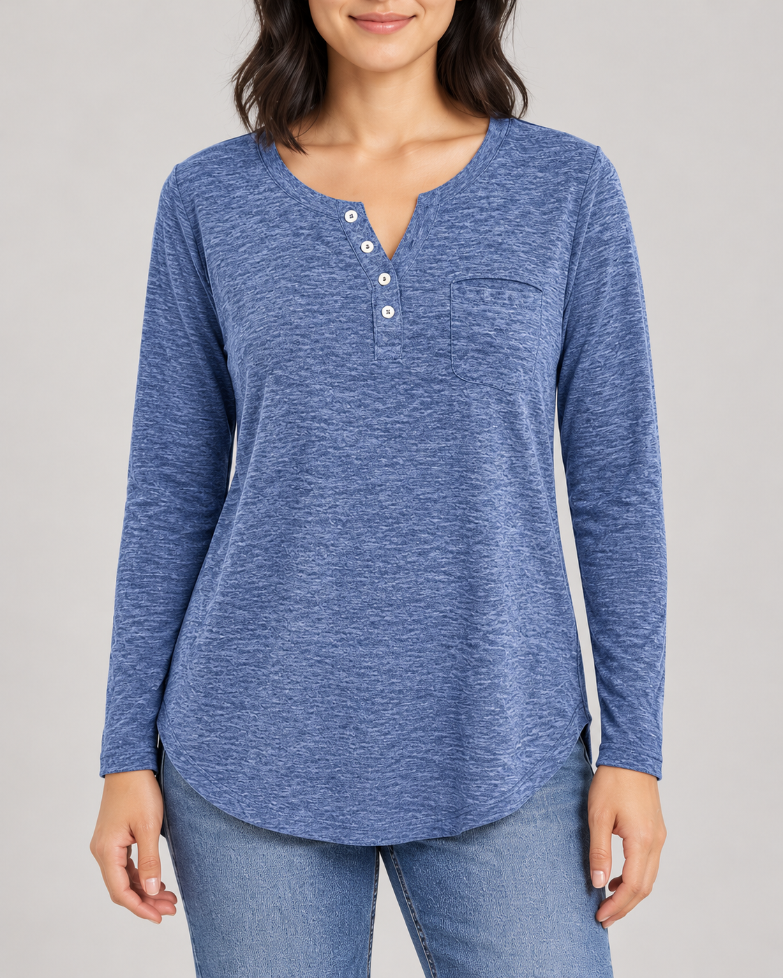 Women's Long Sleeve Henley Top in Blue — garment detail close-up