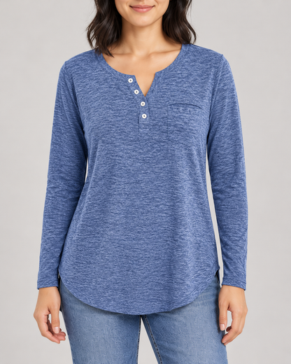 Women's Long Sleeve Henley Top in Blue — garment detail close-up