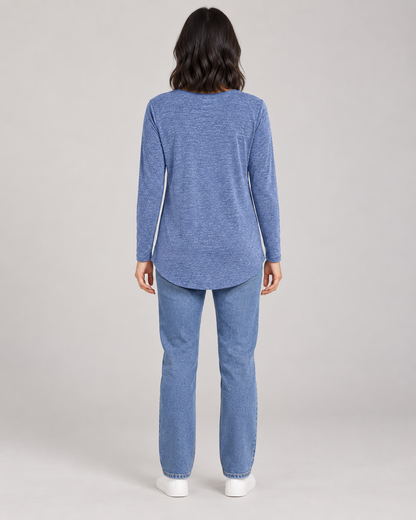 Women's Long Sleeve Henley Top in Blue — full-length direct back view