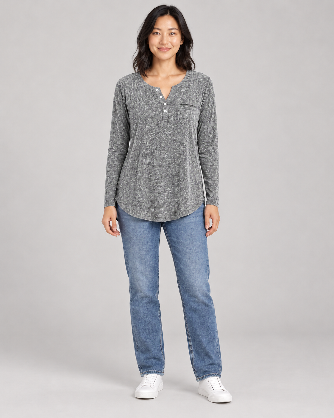 Women's Long Sleeve Henley Top in Gray — full-length front view