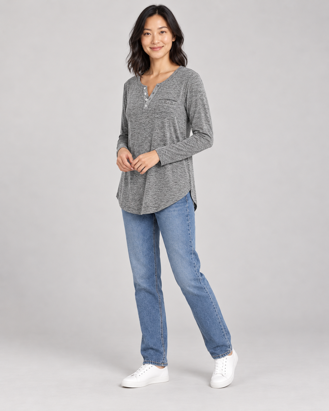 Women's Long Sleeve Henley Top in Gray — full-length three-quarter view