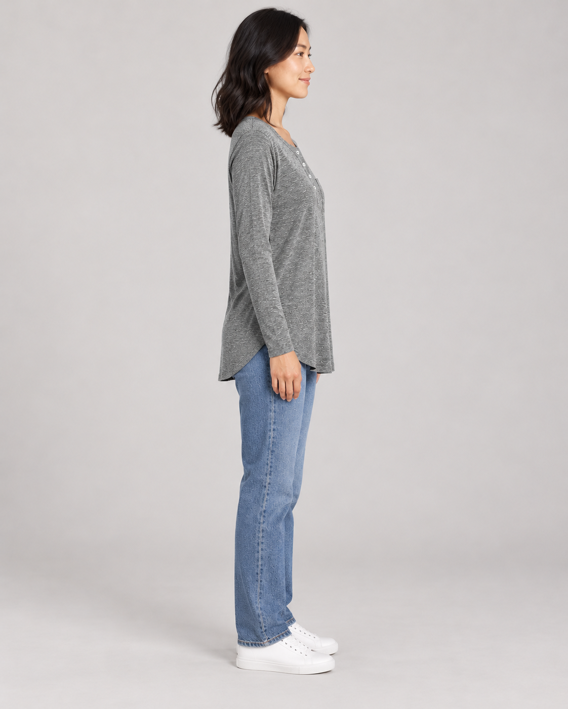 Women's Long Sleeve Henley Top in Gray — full-length side view