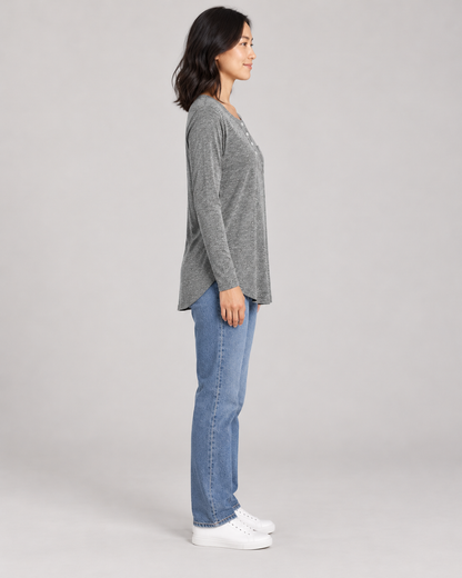 Women's Long Sleeve Henley Top in Gray — full-length side view