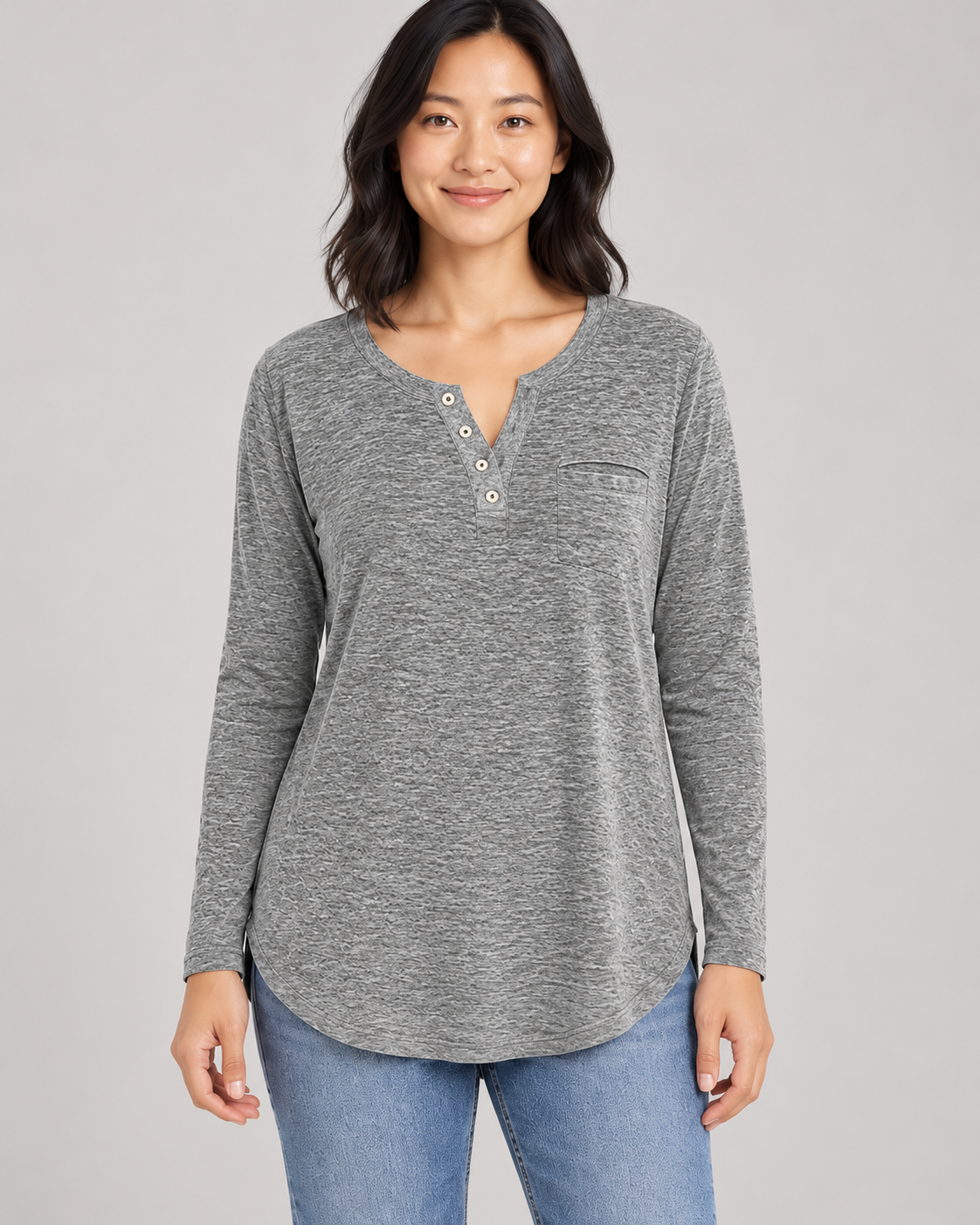 Women's Long Sleeve Henley Top in Gray — garment detail close-up